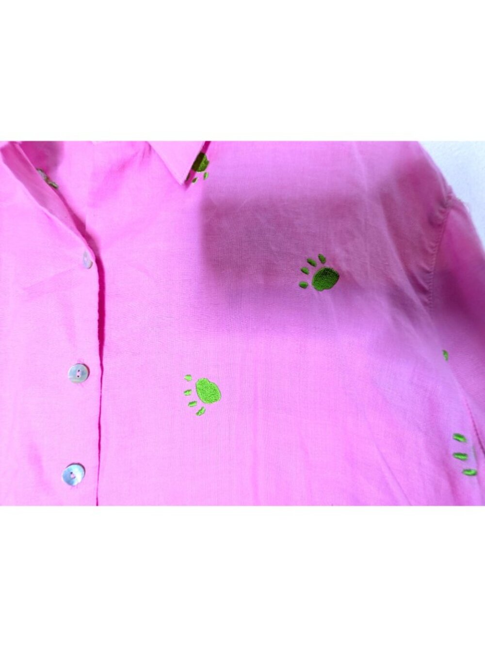Casey Coleman Womens Pink Linen Paw Print Embroidered Button-Down Shirt Size L - Picture 10 of 11